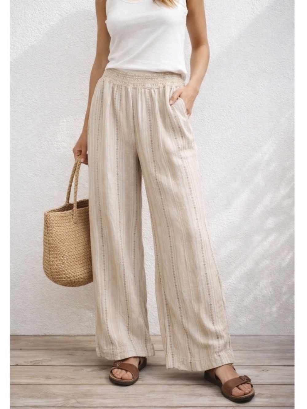 Briggs Pants Womens Medium Cream Linen Blend Textured Elastic-Waist Boho Lounge